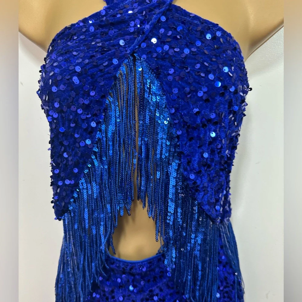Lulus Royal Blue Elevated Dazzle Velvet Sequin Fringe Halter Mini Dress NWT L - Picture 9 of 16